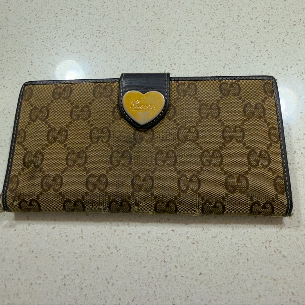 Authentic Vintage Gucci Canvas  Leather Brown Bifold Long Wallet